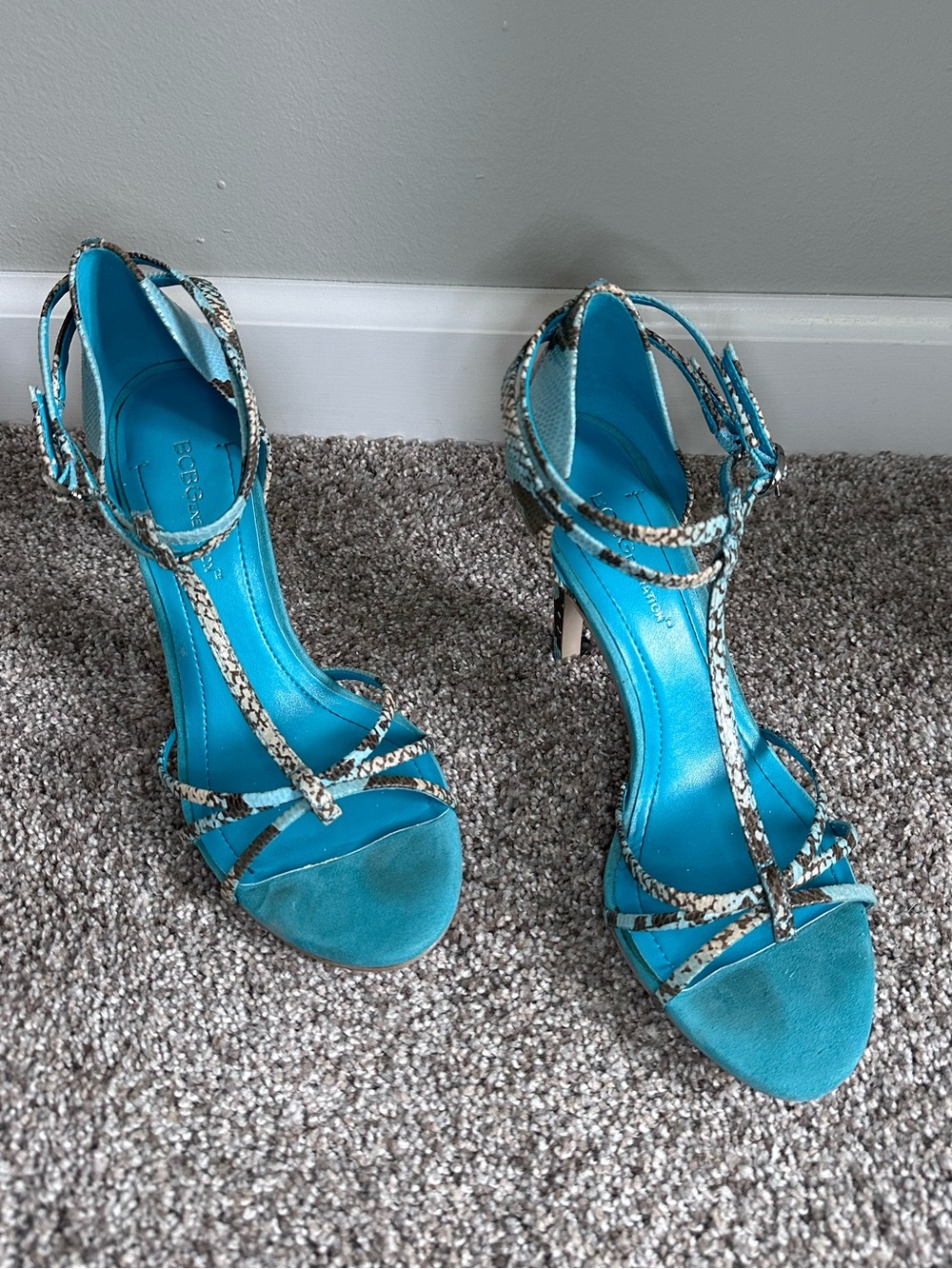 BCBGeneration Turquoise Snake-Print T-Strap Heels